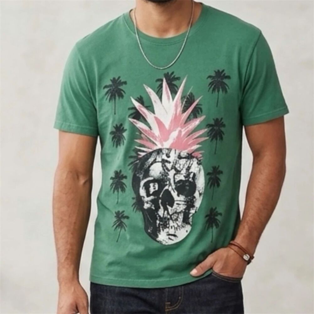Eleven Paris Pineapple Skull Crewneck T-shirt Mens Sz Large Green Tee Cotton